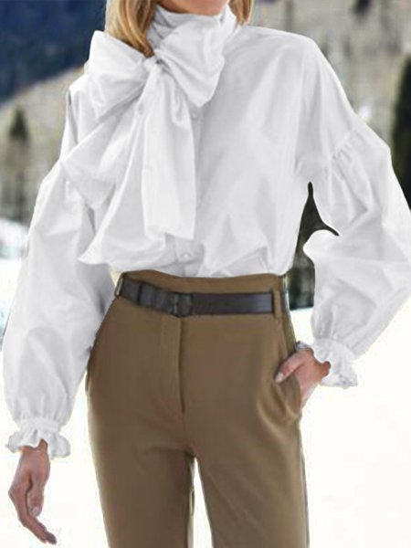 Elegant Solid Loosen Lace-up Bow Top, White, Blouses and Shirts