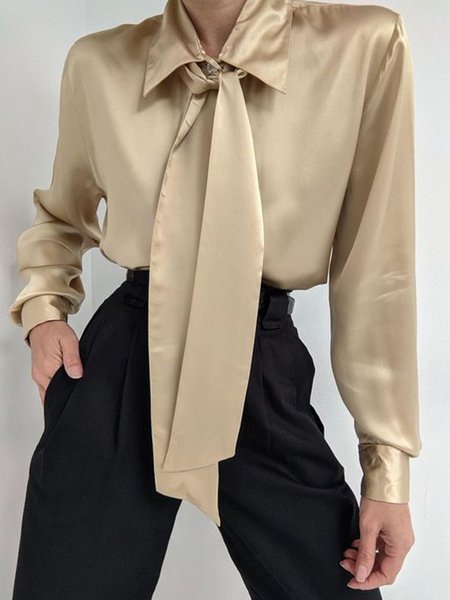 Elegant Plain Shirt Collar Loosen Work Top, Champagne, Blouses and Shirts
