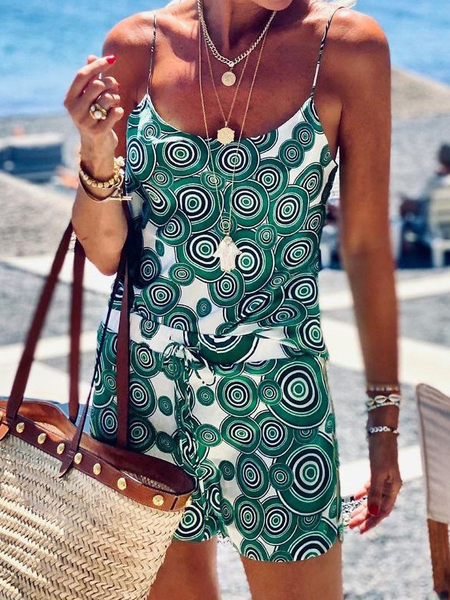 Boho Spaghetti Paisley One-Pieces, Green, Two-piece Outfits