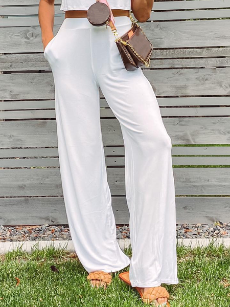 Plain Athleisure Knitted Straight-Leg Pants, White, Pants