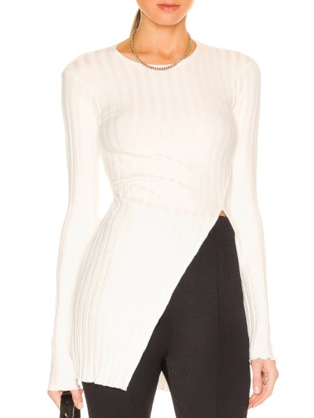 Slim Fit Simple Solid Slit Basic Top, White, Tops