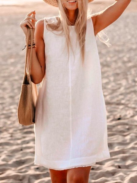 Casual Loosen Short Sleeve Woven Dress, White, Mini Dresses