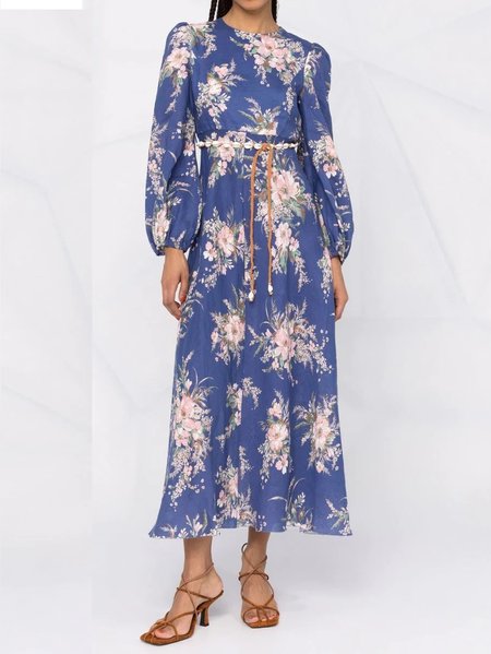 Floral Regular Fit Round Neck Bishop Sleeve Dress, As picture, Maxi Dresses