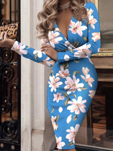 Spring Floral Slim Fit V Neck Long sleeve Lightweight Long sleeve Knit Dress, Blue, Midi Dresses
Spring Floral Slim Fit V Neck Long sleeve Lightweight Long sleeve Knit Dress, Blue, Midi Dresses