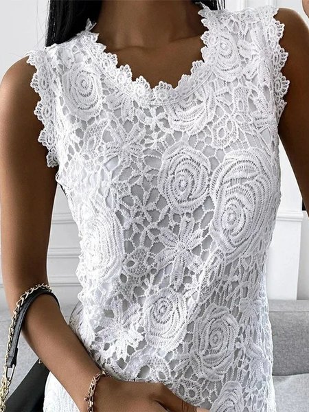 Lace Sleeveless Plain Crew Neck Plus Size Casual Vest Tops, White, Tank Top