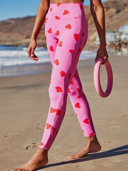 Heart Print Cotton Blends Skinny Pants, Rose red, Leggings