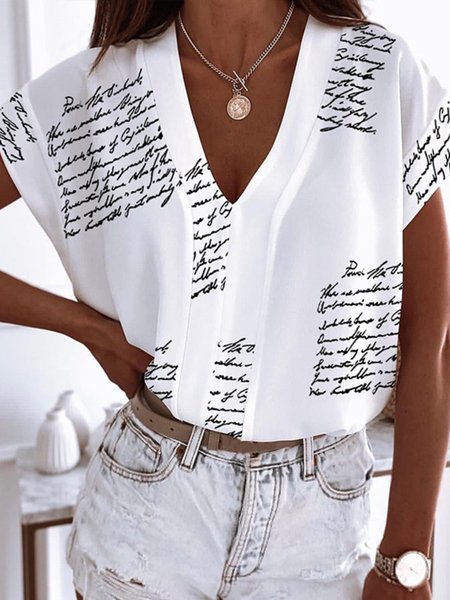 Casual Short Sleeve V Neck Plus Size Printed Tops, White, Tops