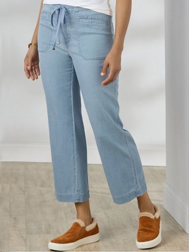 Elastic Waist Solid Loosen Denim Pants, Sky blue, Pants