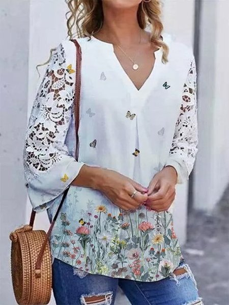 Floral V Neck Lace Sleeve Shirts & Tops, White, Long sleeve tops
