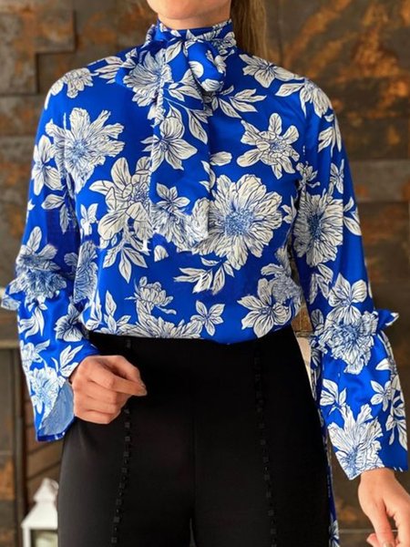 Spring Elegant Daily Lightweight Stand Collar Long sleeve Tops, Blue, Tops
