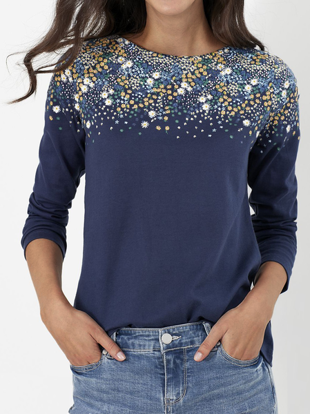 Floral Casual Crew Neck Shirts & Tops, Purplish blue, T-Shirts