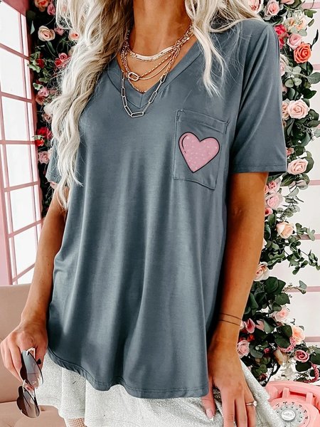 Heart Print Casual Loose Top T-Shirt, Gray, T-Shirts