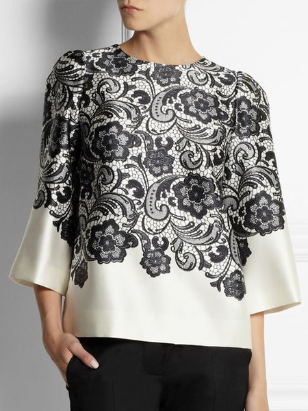 Elegant Crew Neck Floral Daily Top, Apricot, Tops 
Elegant Crew Neck Floral Daily Top, Apricot, Tops