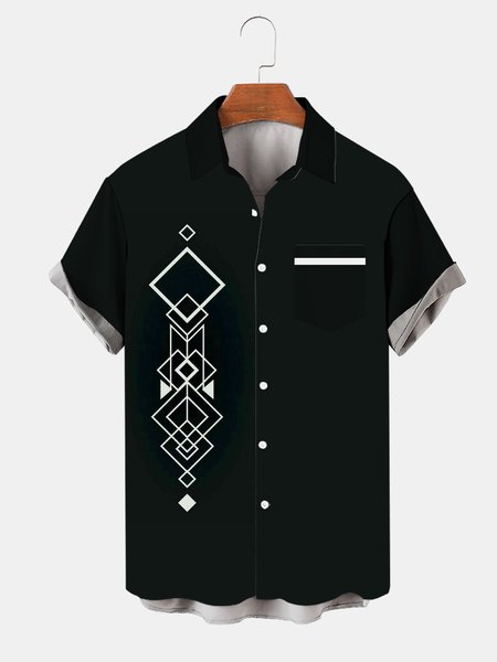 Men's Geometric Casual Print Short Sleeve Shirt, Black, Men's basic shirt