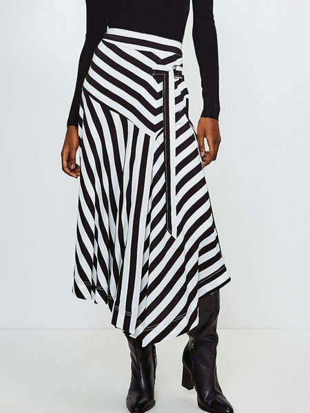 Striped Simple Regular fit Daily Skirt, Black-white, Maxi Skirts