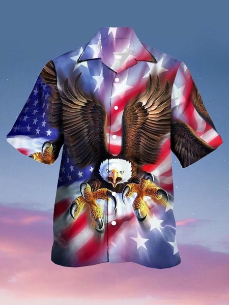 Mens Eagle Old Glory Print Casual Breathable Short Sleeve Hawaiian Shirts, Blue, Men's Floral shirt