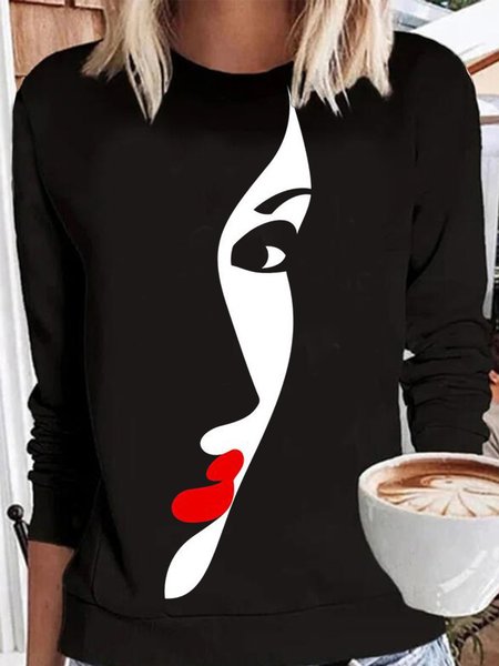 Crew Neck Abstract Shirts & Tops, Black, Tops