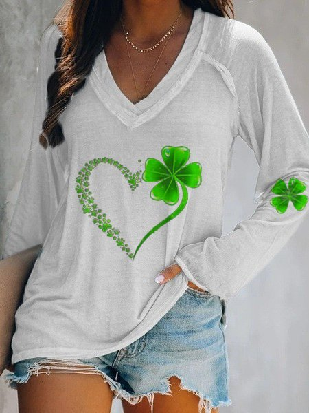 Regular Fit Shamrock Cotton Blends Long Sleeve T-shirt, Light gray, Tops