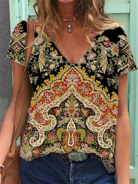 Tribal V Neck Cotton Blends Shirts & Tops, Multicolor, T-Shirts
