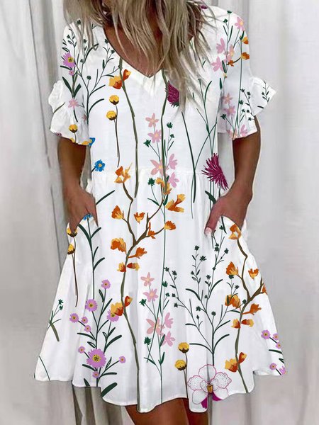Floral Print Frill Sleeve Casual Vacation V Neck Mini Dresses, White, Mini Dresses