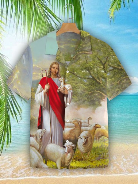 Mens Easter Jesus Print Casual Breathable Short Sleeve Hawaiian Shirt, As picture, Men's Floral shirt
