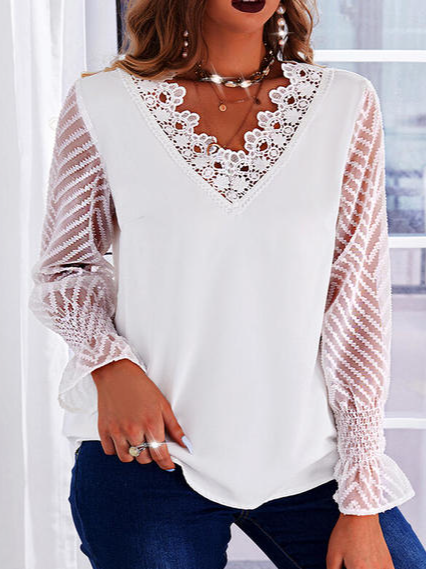 Lace Cotton Blends V Neck Shirts & Tops, White, Long sleeve tops