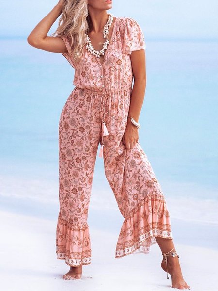 Boho V Neck Jumpsuit & Romper, As picture, Jumpsuits