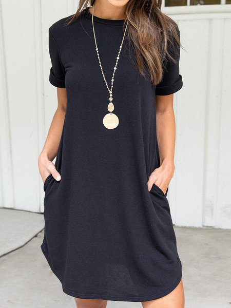 Casual Crew Neck Plain Dresses, Black, Mini Dresses