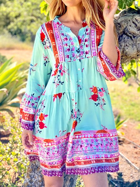 Buttoned Loosen Floral Casual Long sleeve Woven Dress, Green, Mini Dresses