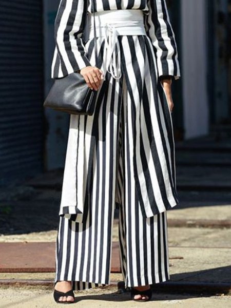 Striped Simple Regular Fit Pants, Black-white, Wide Leg Pants