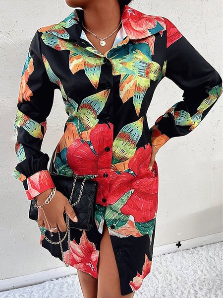 Shirt Collar Elegant Daily Floral Dress, Black, Mini Dresses
