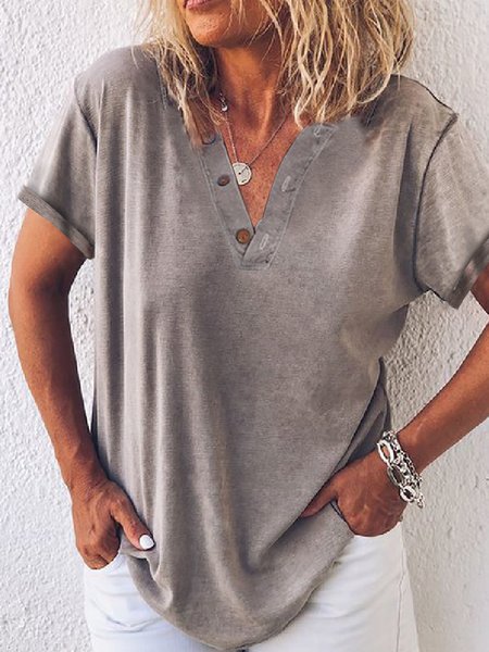 Loosen Casual Solid Cotton Blends V Neck Shirts & Tops, As picture, T-Shirts