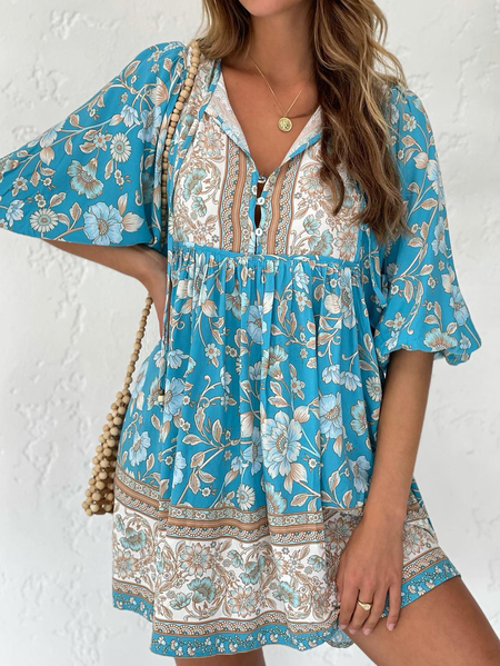 Plus size Boho Floral Printed Dresses, Blue, Mini Dresses