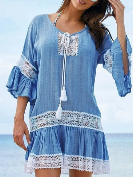 Lace Solid Vacation Dresses, Blue, Boho dresses
