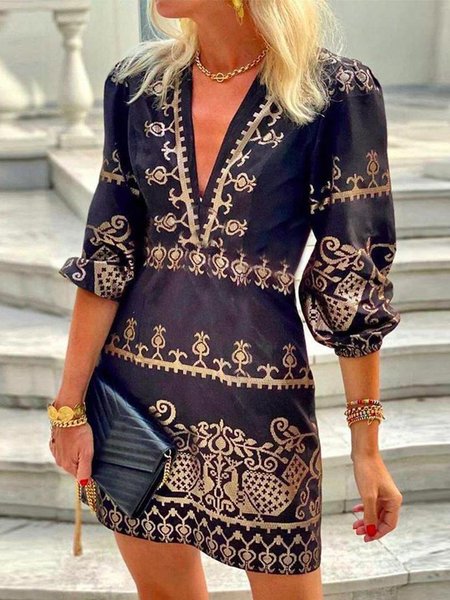 Boho Tribal Floral Pattern 3/4 Sleeve Plus Size Casual Dresses, Black-gold, Midi Dresses
Boho Tribal Floral Pattern 3/4 Sleeve Plus Size Casual Dresses, Black-gold, Midi Dresses