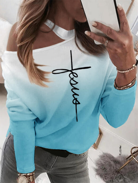 Long sleeve Ombre Letter One Shoulder Casual Shirts & Tops, Blue, T-Shirts