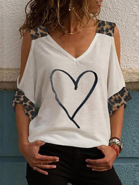 Casual Heart Leopard V Neck Shirts & Tops, White, T-Shirts