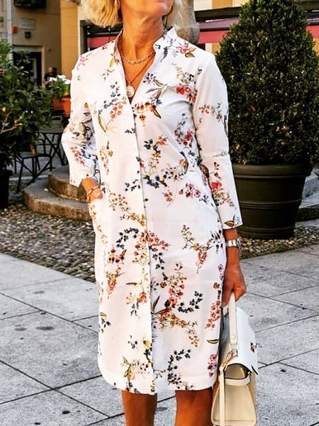 V Neck Loosen Floral Dresses, White, Mini Dresses