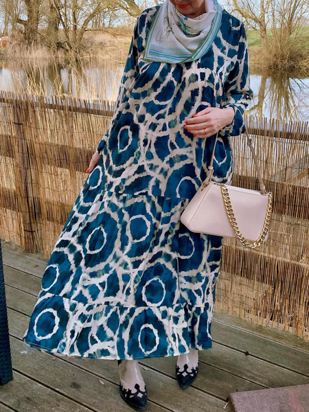 V Neck Boho Long sleeve Woven Dress, Blue, Maxi Dresses