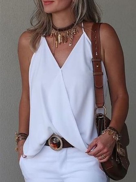 Plain Sleeveless V Neck Plus Size Casual Tank Tops, White, Tank Top