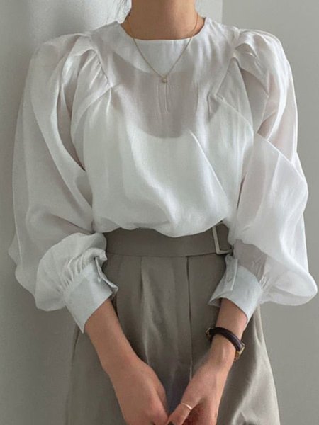 Simple Daily Solid Crew Neck Shirt & Top, White, Tops