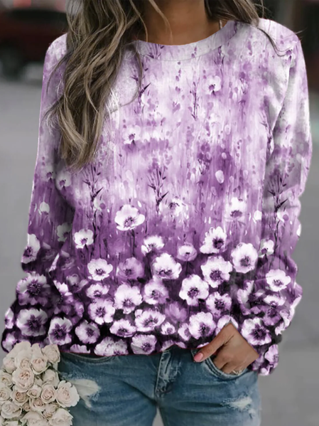 Women's Floral Print Casual Sweatshirts, Purple, Sweatshirts & Hoodies