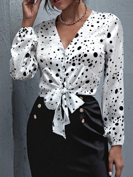 Polka Dots Elegant V Neck Waist Tie Top, As picture, Tops