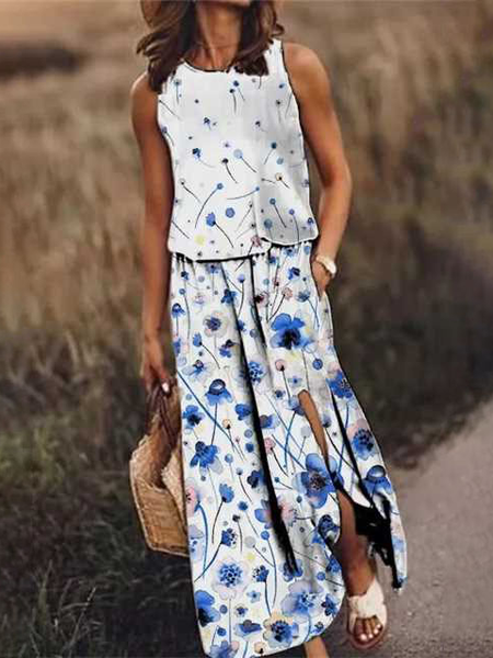 Casual Vacation Floral Crew Neck Cotton Blends Dresses, White, Maxi Dresses