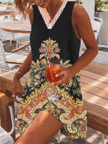 Lace-paneled Foral Cotton Blends Dresses, Black, Dresses