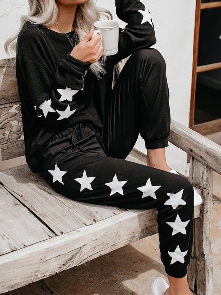 Crew Neck Star Cotton Blends Long Sleeves Tops With Pants Two Piece Sets, Black, Two-piece Outfits
Crew Neck Star Cotton Blends Long Sleeves Tops With Pants Two Piece Sets, Black, Two-piece Outfits