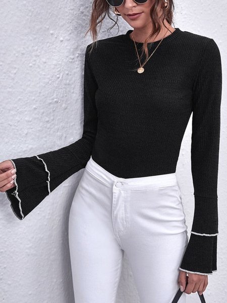 Simple Round Neck Flare Sleeve Shirt, Black, Tees