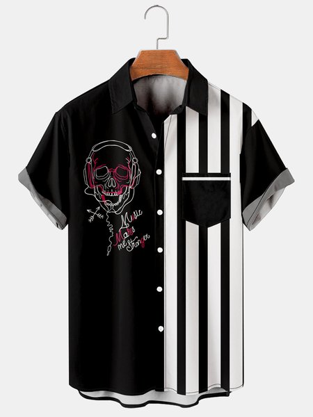 Men's Striped Skull Print Casual Short Sleeve Shirt, Black, Men's Floral shirt