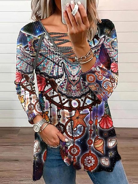 Dreamcatcher Long Sleeve Cross Lace-up V Neck Plus Size Casual Tops, Multicolor, T-Shirts
Dreamcatcher Long Sleeve Cross Lace-up V Neck Plus Size Casual Tops, Multicolor, T-Shirts