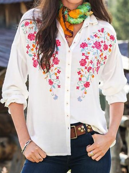 Floral Long Sleeves Buttoned Plus Size Casual Shirt Tops, White, Blouses & Shirts